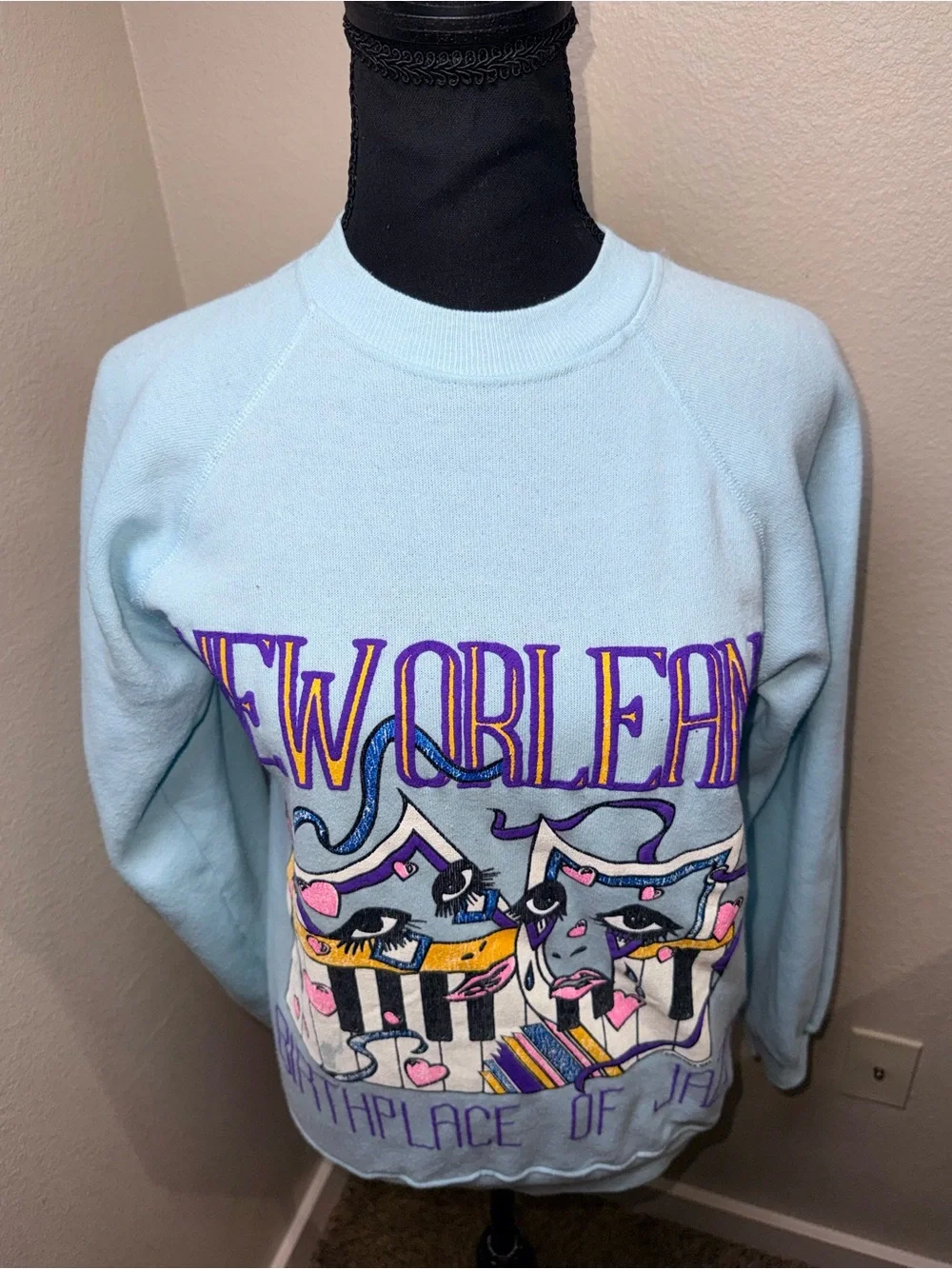 VTG 80s Hanes New Orleans Jazz Sweatshirt S USA Baby Blue Mardi Gras Piano Mask